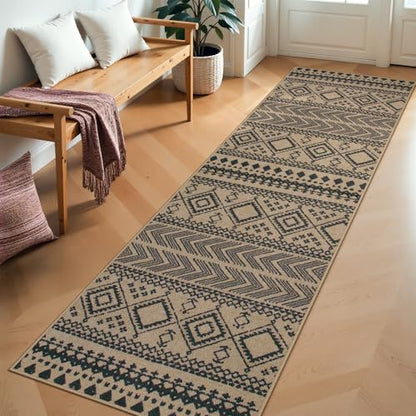 Lahome Boho Washable Easy Jute Runner Rug, 2x8 Kitchen Runner Rug Non Slip - color: Brown Geometric Tribal, size: 2'6" x 8' (Runner)