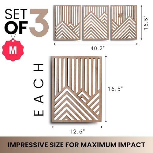 qmmp Modern Wooden Wall Sculptures - Set of 3 - Home Decor Accent - Large Wall Art for Living Room, Bedroom, Office - Easy Installation (Oak, Medium - Mountain and Sun) - color: Oak, size: Medium - Mountain and Sun
