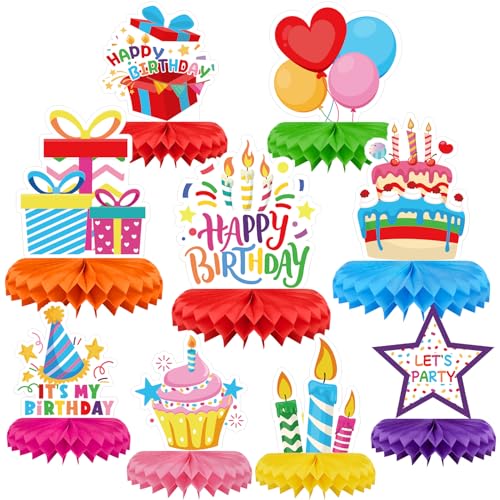 9 Pieces Birthday Table Decorations, Happy Birthday Decorations & Table Centerpieces for Kids Party Supplies, Colorful Honeycomb Table Toppers for Birthday Party - color: Colorful