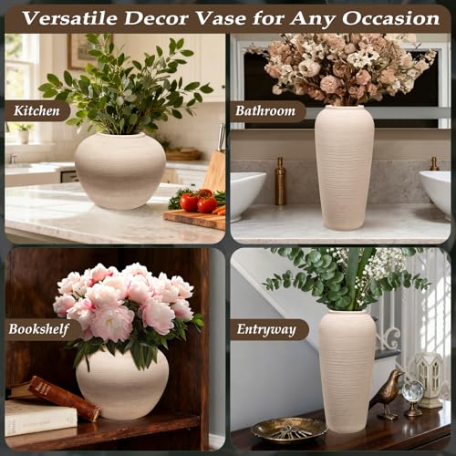 Tall Ceramic Vase 12 Inch Neutral Textured Vase,Cream Vase for Home Decor - size: 12 Inch-tall-cream