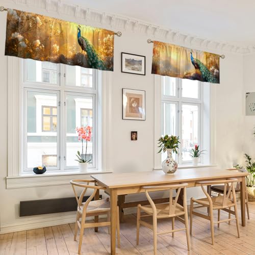 Peacock Curtain Valance for Windows 2 Pack Mountain Green Tree Blue Sky Sunlight Rod Pocket Window Treatments Short Curtains for Kitchen Windows Bathroom Bedroom 54x18 Inch - color: Peacock