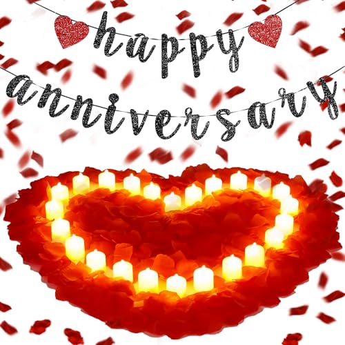 Retisee Red Anniversary Decorations Happy Anniversary Banner Sign Romantic Feliz Aniversario Party Decoration Glitter Banner with 24pcs LED Candles 2000pcs Rose Petals for Home Party Night Wedding