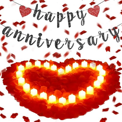 Retisee Red Anniversary Decorations Happy Anniversary Banner Sign Romantic Feliz Aniversario Party Decoration Glitter Banner with 24pcs LED Candles 2000pcs Rose Petals for Home Party Night Wedding