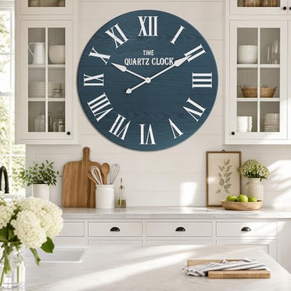 ARTPOWER 35.5" Extra Large Farmhouse Wall Clock,Solid Wood Veneer,Navy Blue - color: Blue, size: 35.5"W x 35.5"H