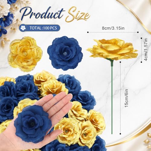 Yunlly 100 Pcs Artificial Flower for Wedding, Navy Blue, Gold - color: Navy Blue, Gold