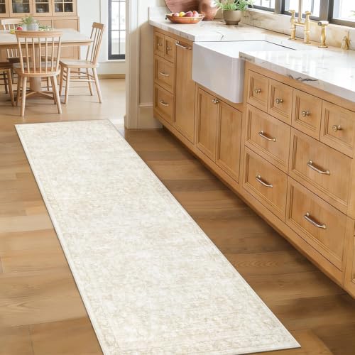 2x8 Hallway Runner Rug: Washable Vintage Floral Entryway Rugs Low Pile Non-Slip Boho Carpet for Kitchen, Bedroom, Bathroom, Dining Room (Beige, 2'x8') - color: Beige, size: 2' x 8' (Rectangular)