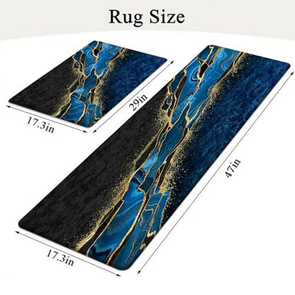 Kitchen Mats Set of 2, Cushioned Anti Fatigue Non Slip Waterproof Runner, Blue and Gold Marble Design, PVC Memory Foam for Kitchen Sink and Laundry - color: Blue Marble 2