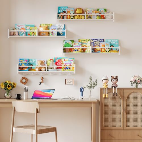 34Inch Nursery Floating bookshelf Coat Rack with 6 Hooks, Set of 4 White - color: White
