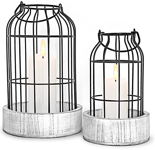 Livelab Modern Farmhouse Lantern Decor, [Refined] Rustic Home Decor Lanterns, Wire Metal Cloche Decorative Candle Holder for Living Room, Fireplace Mantle, Bathroom Countertop