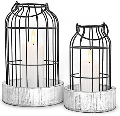 Livelab Modern Farmhouse Lantern Decor, [Refined] Rustic Home Decor Lanterns, Wire Metal Cloche Decorative Candle Holder for Living Room, Fireplace Mantle, Bathroom Countertop