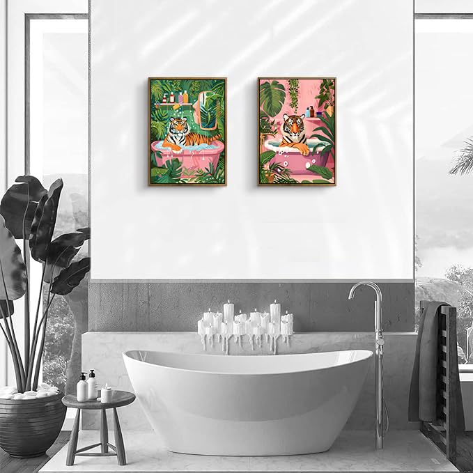 2-Pack Framed Whimsical Tiger In Bathtub Wall Art for Bathroom 12″×16″ - color: Tiger in Bathtub, size: 12"x16"