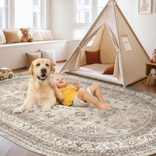 cotiled 8x12 Ellipse Area Rug for Living Room, Washable, Traditional, Beige - color: Beige, size: 8' x 12' (Oval)