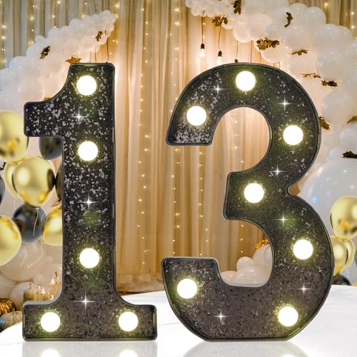 Black Glitter LED Marquee Number 13, Warm White Light Decor Sign - size: Number-13