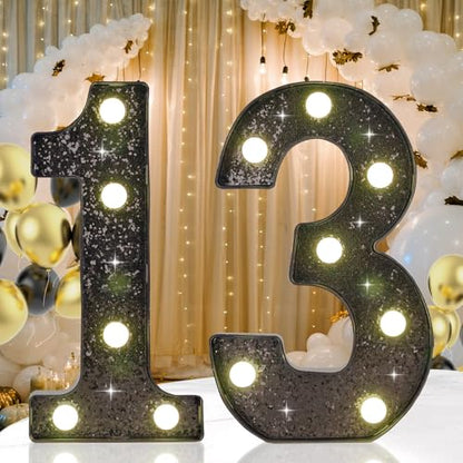 Black Glitter LED Marquee Number 13, Warm White Light Decor Sign - size: Number-13