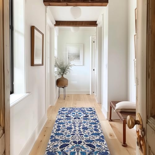EverGrace Hallyway Area Runner Rugs 2x6, Boho Floral Faux Wool Indoor Outdoor Rugs, Washable Rugs for Bedroom Bathroom Living Room Kitchen, Low Pile Floor Mat Carpet for Home Decor, Celtic Blue - color: Celtic Blue Multi, size: 2'x6'