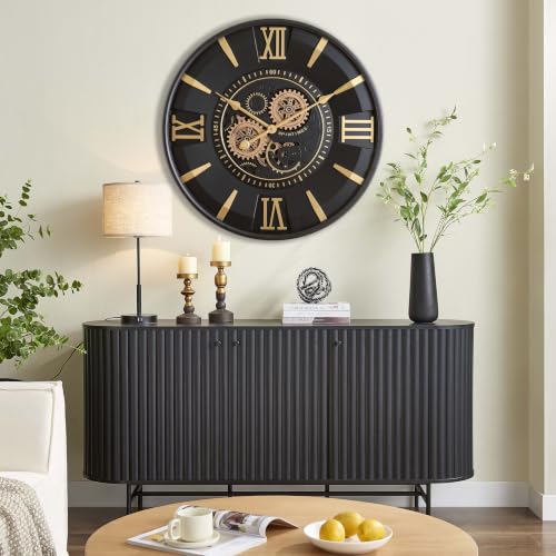 CLXEAST Mid Century Modern Black Gold 24 Inch Wall Clock with Moving Gears - color: Mid Century Modern Black/Gold, size: 24 Inch