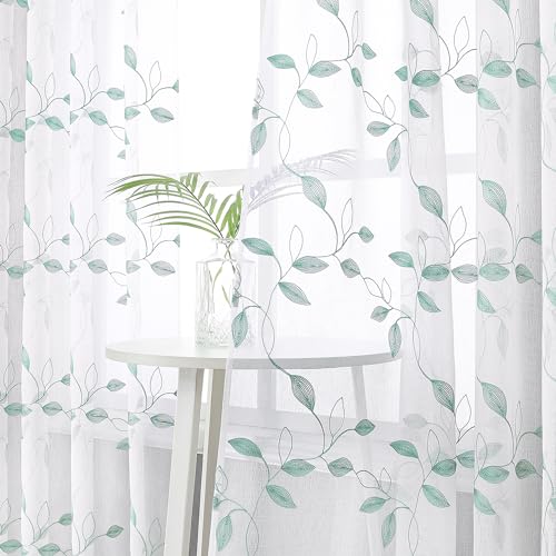 Tollpiz Teal Blue Leaf Sheer Curtain Bedroom Short 38 x 45 Inches - color: Teal Blue, size: 38"W x 45"L (Pack of 2)