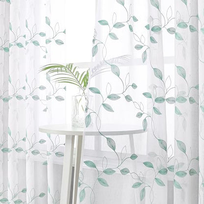 Tollpiz Teal Blue Leaf Sheer Tier Curtains Kitchen 30 x 24 Inches - color: Teal Blue, size: 30"W x 24"L (Pack of 2)