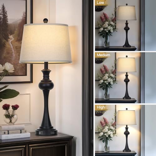 Cinyirong 28.75" Black Modern Table Lamps for Living Room, Bedside Lamp with USB A+C Ports & AC Outlets, 3 Way Dimmable Touch Lamps for Living Room,Nightstand Lamp LED Bulb Included (1Pack - color: 1Pack-Black