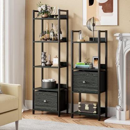 Furologee 5 Tier Bookshelf with Drawer, Tall Narrow Bookcase, Black Oak - color: Black Oak, size: 5 Tier