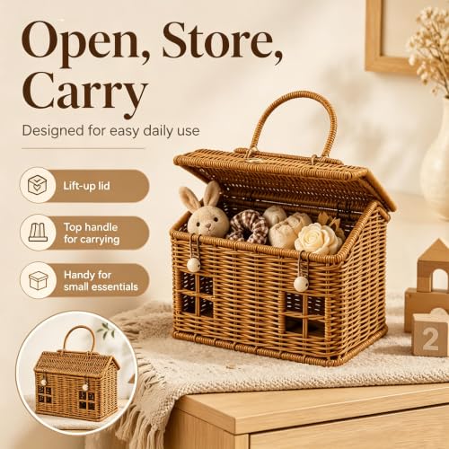 Rattan House Shape Storage Basket with Lid, Small Doll House, Decorative Hand Woven Shelf Organizer with Handle, Natural Harvest Wicker Basket for Picnics, Organizing, Storage (A, 1) - style: A