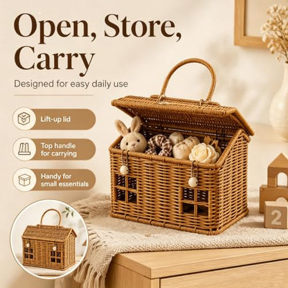 Rattan House Shape Storage Basket with Lid, Small Doll House, Decorative Hand Woven Shelf Organizer with Handle, Natural Harvest Wicker Basket for Picnics, Organizing, Storage (A, 1) - style: A