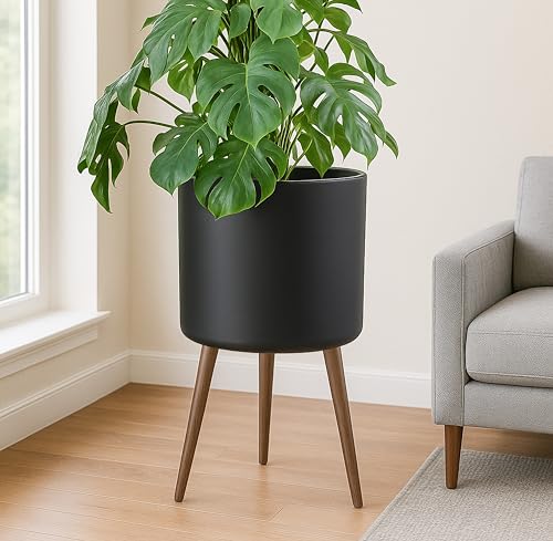 D'vine Dev 16 Inch Planter Pot with Wood Stand, Black, 88-O-E-2 - color: Matte Black, size: XX-Large
