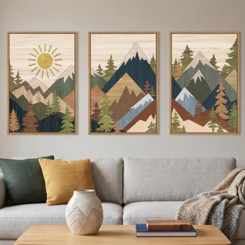 Large Abstract Mountain Woodcut Framed Canvas Wall Art,Vintage Pine Tree Wall Decor,Rustic Nature Forest Painting,Neutral Artwork for Living Room,Bedroom,Dining Room,Farmhouse -16"x24"x3 - color: Abstract Woodcut Wall Art, size: 16"L x 24"W