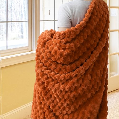 Vessia Flannel Fleece Throw Blanket, 3D Jacquard Burnt Orange Fuzzy and Warm Blanket for Couch, Sofa, Bed, 300GSM Super Soft Touch Cozy Home Decor for All Seasons (50x70 inches) - color: Burntorange, size: 50×70inch
