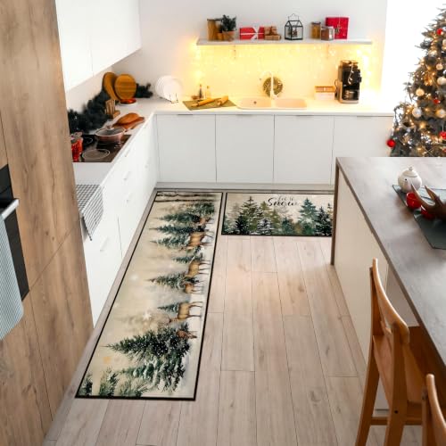 Fourluoo Sets of 3 Christmas Winter Kitchen Rugs and Mats Decor Set - color: Green