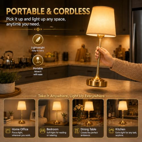 Yunaking Rechargeable Gold Table Lamp: Cordless Lamp with 3 Color Dimmable