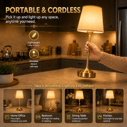 Yunaking Rechargeable Gold Table Lamp: Cordless Lamp with 3 Color Dimmable