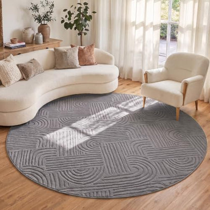 Etwel 6.5 ft Dark Gray Geometric Textured High-Low Pile Washable Round Rug - color: Dark Gray, size: 6'5"