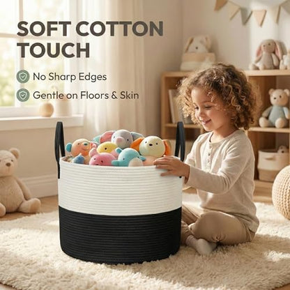 JMvicyroam 65L Extra Large Machine Washable Cotton Rope Blanket Basket - color: White&Black, size: 65L