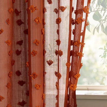 MYSKY HOME Terracotta Boho Sheer Curtains with Pom Pom 50Wx84L,2 Panels - color: Terracotta, size: 50"W x 84"L (Pack of 2)