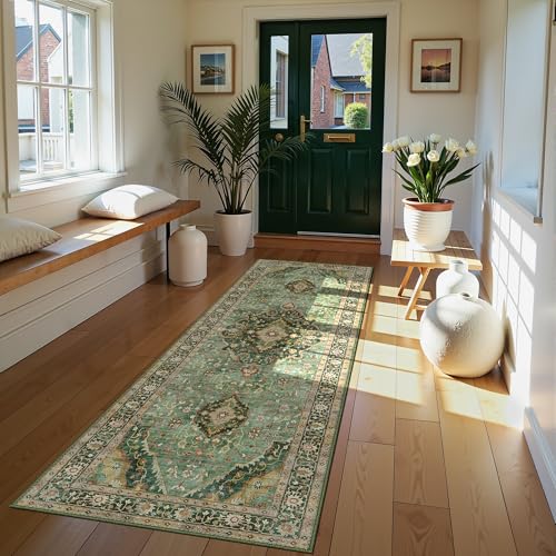 3x7 Runner Rugs for Hallway Non-Slip Hallway Runner Rug with Rubber Backing Washable Rug Runner for Kitchen Bedroom Vintage Distressed Carpet (Border Green) - color: Border Green, size: 3'x7'