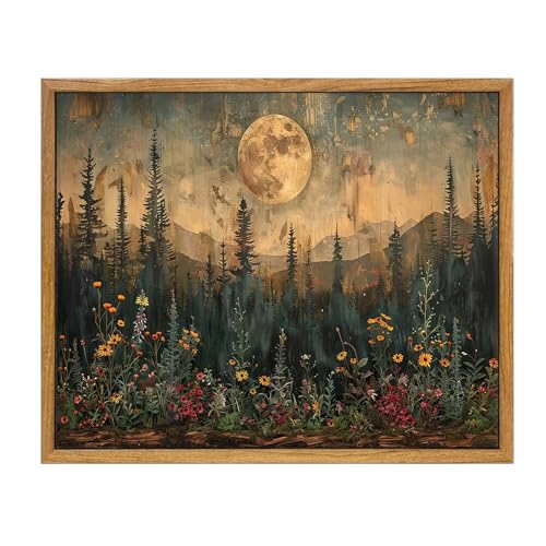Vintage Forest Moon Framed Wall Art, Nature Pine Tree Woodland Wall Decor - color: Moon Forest, size: 10"L x 8"W