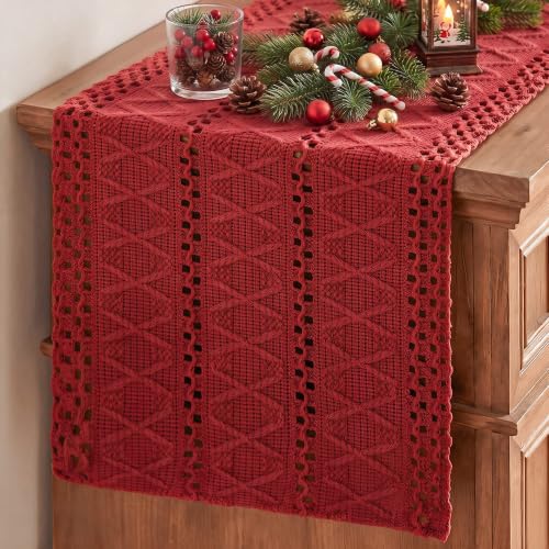 Artoid Mode Rose Red Woven Farmhouse Hollow Table Runner 12x36 Inch - color: Rose Red, size: 12" x 36", Table Runner