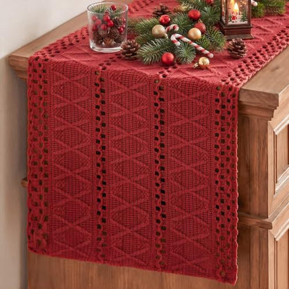 Artoid Mode Rose Red Woven Farmhouse Hollow Table Runner 12x36 Inch - color: Rose Red, size: 12" x 36", Table Runner