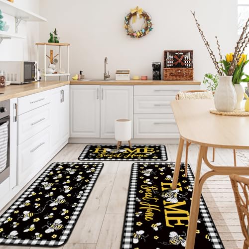 Fourluoo 3 Pcs Bee Kitchen Rugs and Mats Decor Set Honey Bee Kitchen Rugs - color: Honey Bee
