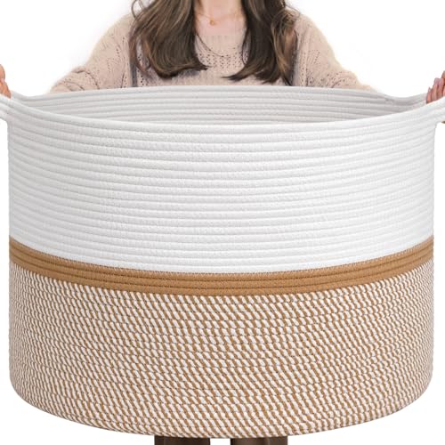 CHICVITA XXL Cotton Rope Woven Blanket Basket with Handles, White & Brown - color: White and Brown