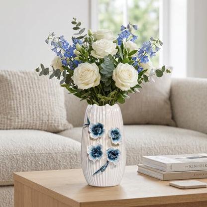 White Flower Vase, Boho Ceramic Vase for Living Room, 9 Inch - color: White and Dark Blue, size: 9 inch