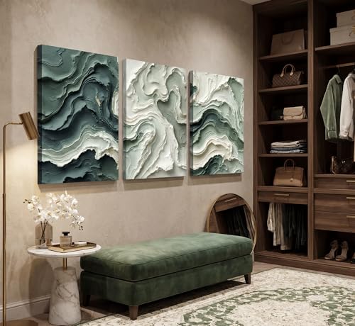 3pcs Abstract Texture Canvas Wall Art Neutral Green And Beige Wall Decor Pictures Modern Minimalist Green Wave Posters Prints Paintings for Living Room Bedroom Office Furniture Decoration - color: Green Texture, size: 16"L x 12"W-Canvas