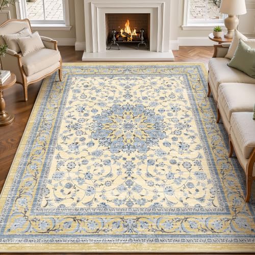 Arenarug 5x7 Washable Area Rug, Non Slip Living Room Rugs Distressed Boho Floral Rug, Soft Low Pile Indoor Carpet for Bedroom, Dining Room, Home Office, Beige Blue - color: Beige Blue, size: 5' x 7' (Rectangular)