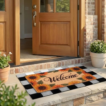 2-Piece Layered Welcome Mat Set - Coir Doormat & Buffalo Plaid Rug - color: Floral Sunflower