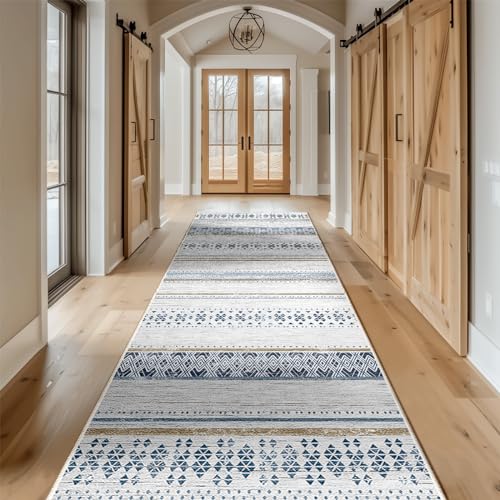 2x8 Washable Area Rugs for Living Room Boho Runner Rug Blue/Brown - color: Blue/Brown, size: 2' x 8' (Runner)