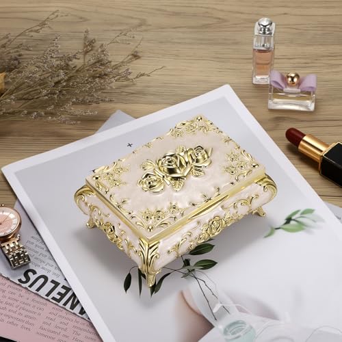 Hipiwe Metal Jewelry Organizer Box Antique Treasure Box with Rose Pattern - color: Gold, size: Medium