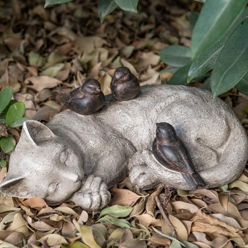 Sleeping Cat Garden Statues Outdoor - 12" Sparrows On Cat Figurine Memorial Statue Grave Markers Garden Resin Statues for Outdoor Decor Outdoor Statue Resin 12" x 8" x 4.5"