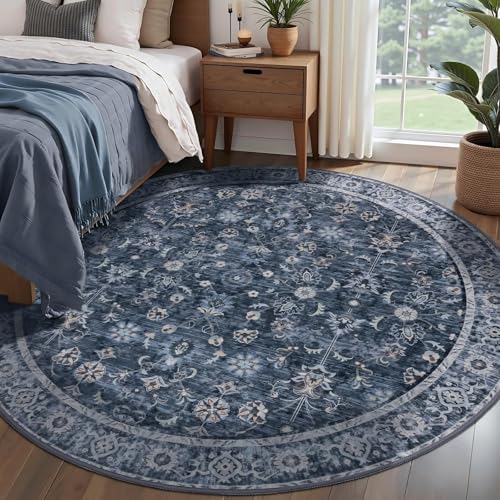 Tangsoo Washable Round Area Rug 4ft,Vintage Blue Circle Rug Non Slip - color: Distressed Blue Black, size: 4' X 4' (Round)