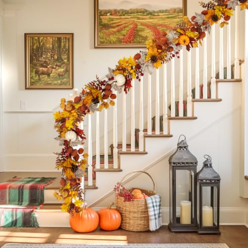 6FT Fall Garland with Lights Pumpkins Pinecones for Mantle, Table, Porch - color: Brown & Gold & Gray